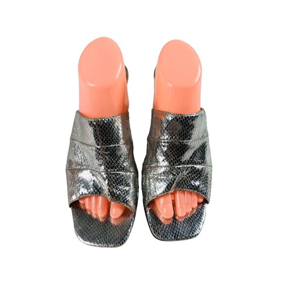 Women’s Mules Size 11 Silver Snake Embossed Slides Heels Sandals Metallic Chic - Picture 3 of 8